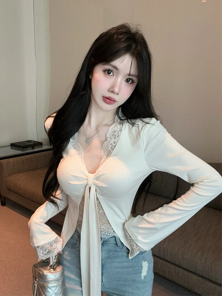 

Women's Long Sve V-Ne Lace Base irt Knot T-irt Autumn Winter Sexy Pure Desire Floral Print Inner Wear with...