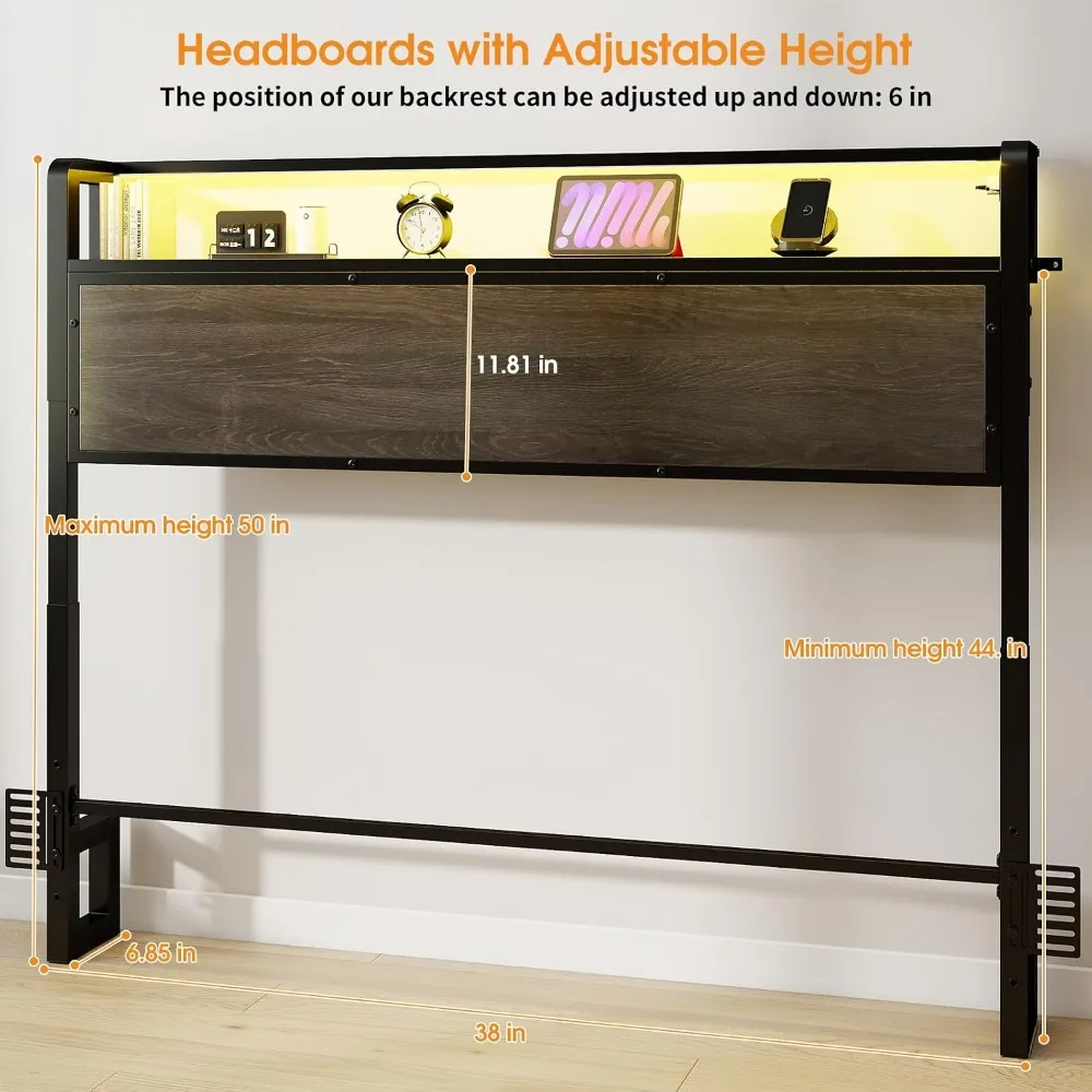 Twin Size Reversible Headboard with Storage, LED Light & Charging Station, Gray
