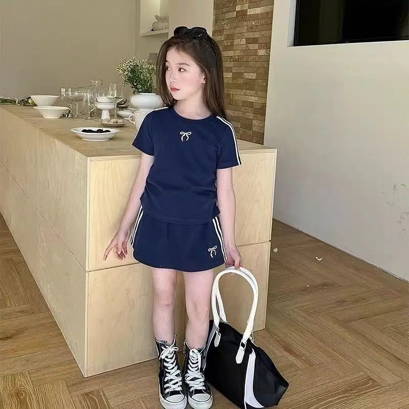 

2025 Summer Girls Suit Child set Cloth navy SHORT tennis t-shirt crop top and bottom skirt Teenager Tracksuit Kids 8 10 12 year
