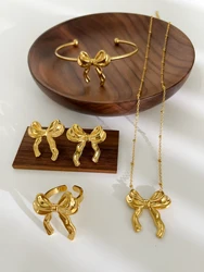 Peri'sbox Bow Pendant Necklace Earrings Open Bracelet Ring Women's Stainless Steel Romantic and Unique Jewelry Set Jewelry Gift