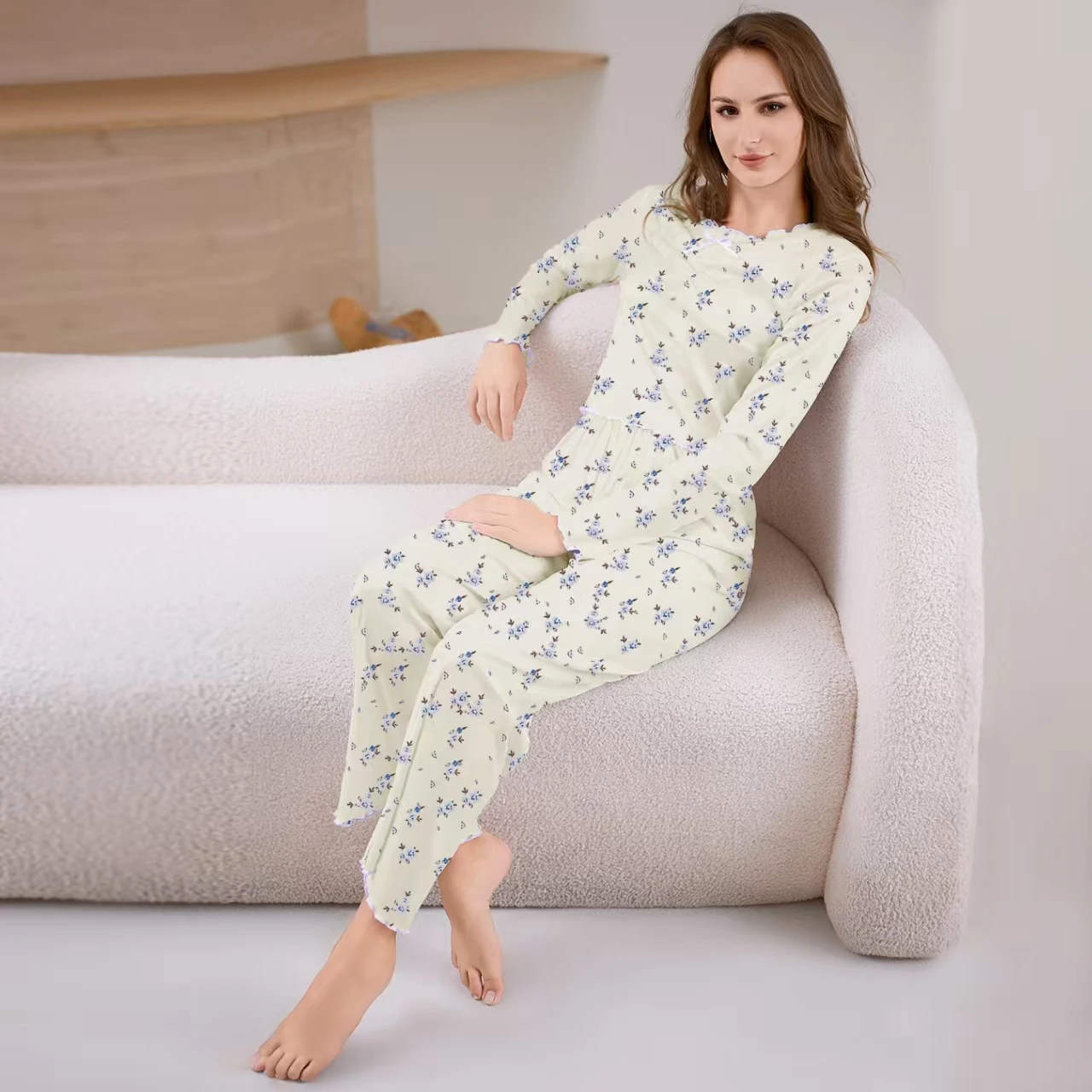 

New Printed Long Sve Top And Pants Set Home Clothes Youth Casual Floral Pattern Thin Material round Ne Design Comfortabl...