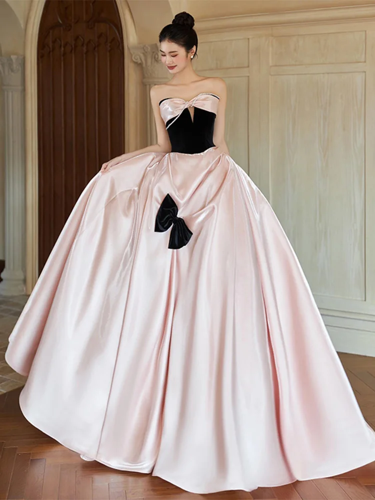 Rosa trägerloses Satin-Abendkleid Princ Sle Hochzeit Dr. Geburtstag Par Brautkleid Erwachsene Zeremonie Langer A-Linien-Rock