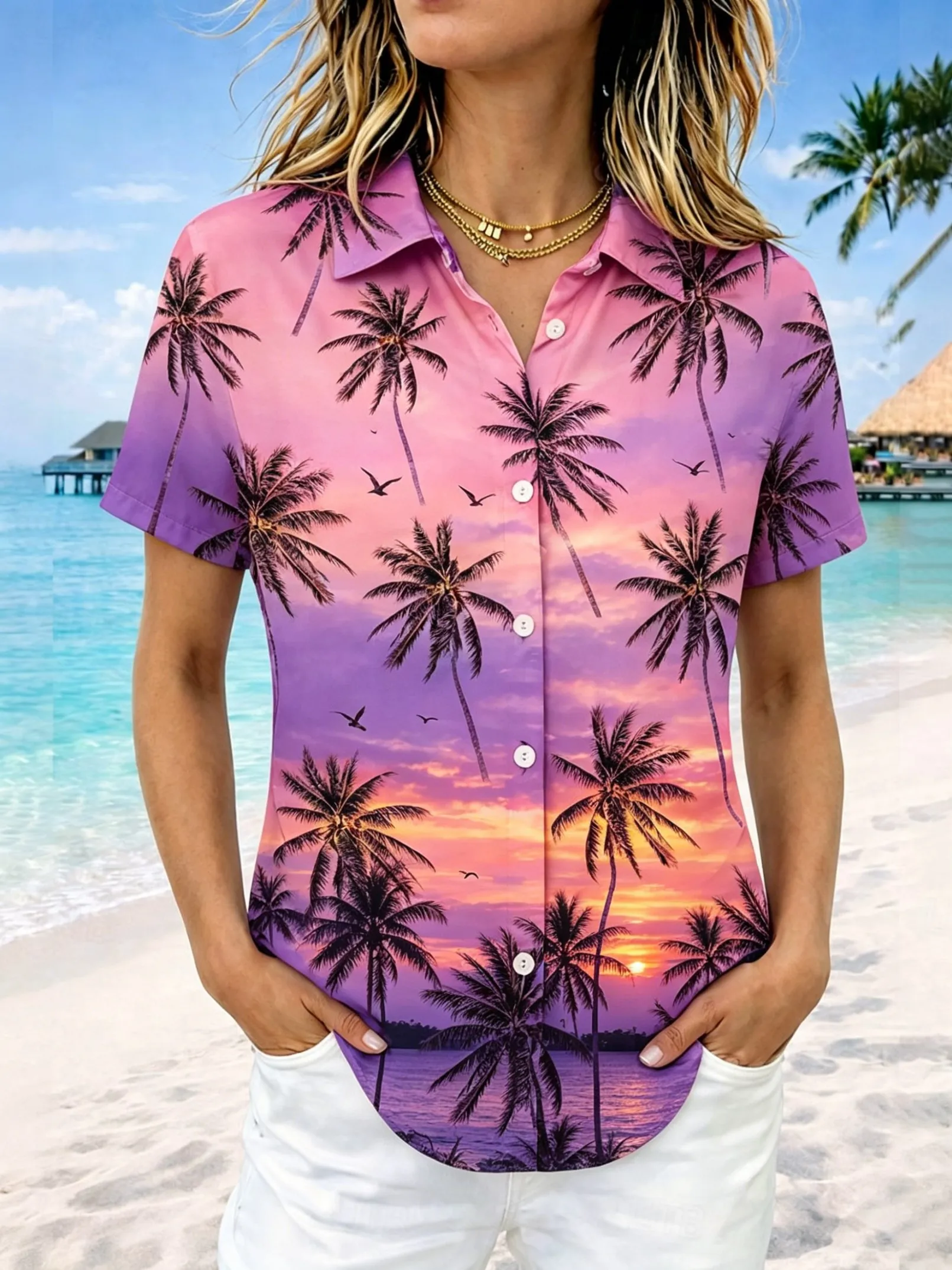 Women's Short Sleeve Tropical Beach Print Button Down Casual Shirt Elegant Daily Blouse Tops in Multi for Spring Summer