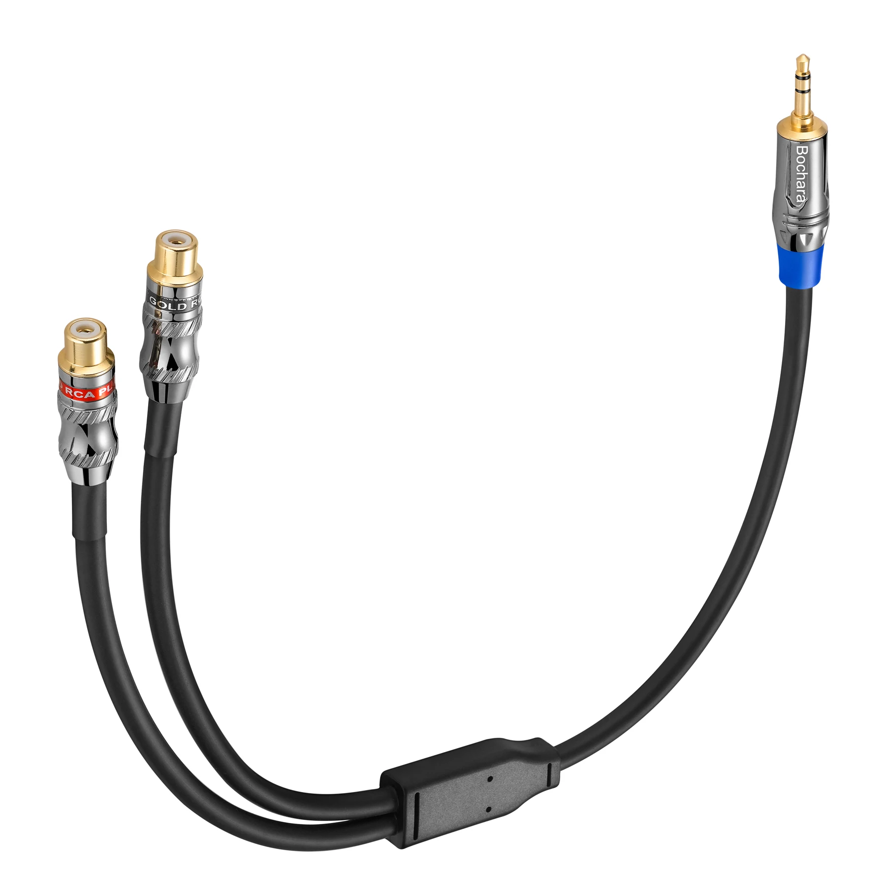 Bochara 50cm 1/8 \'\'3.5mm Stereo Aux męska do 2RCA żeńska folia na kabel Audio + ekranowany, pozłacany stop cynku