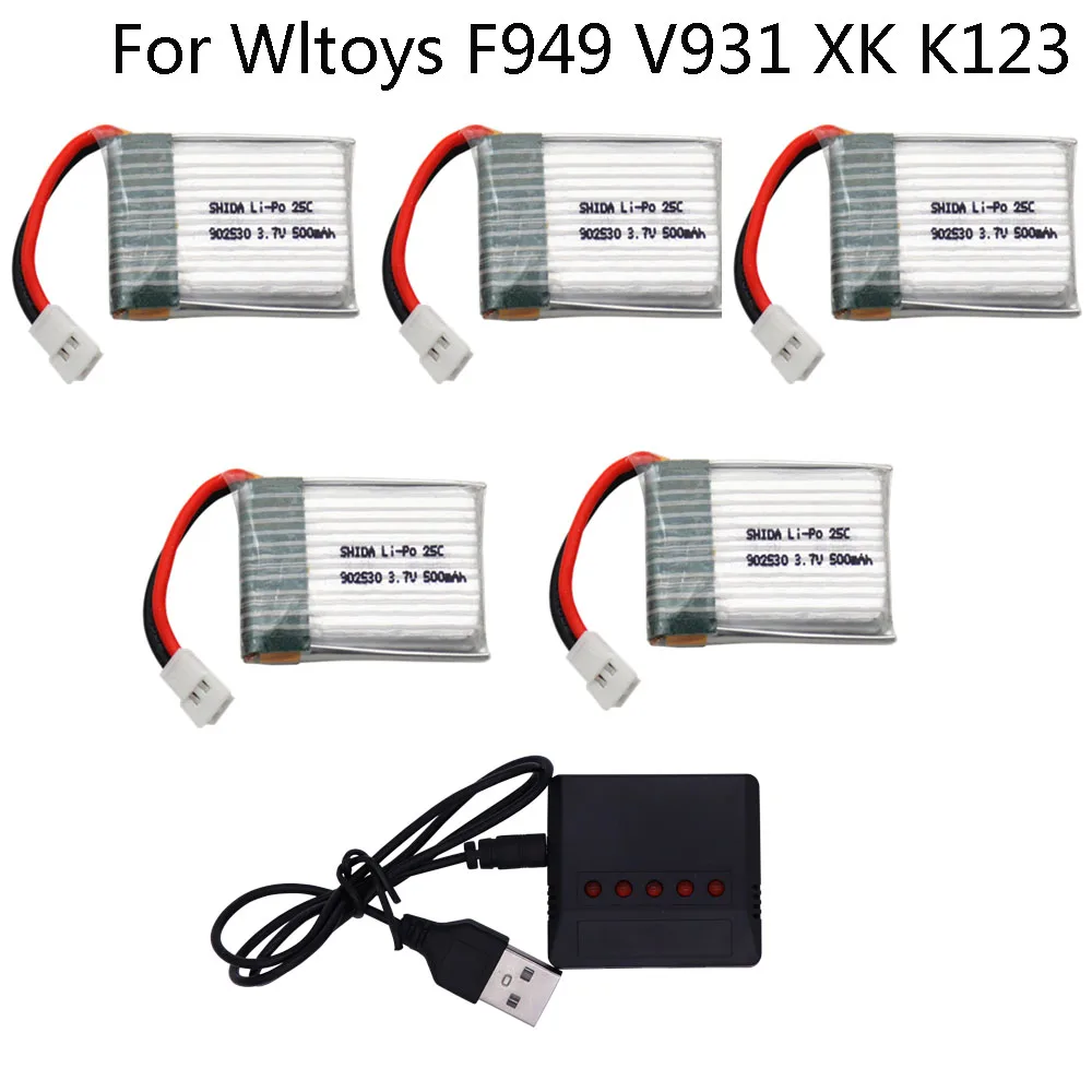 Batteria lipo 3.7V 500mAh 25C con caricabatterie USB per Wltoys V931 F949 XK K123 6Ch RC elicottero pezzi di ricambio batteria 3.7V per WLV931