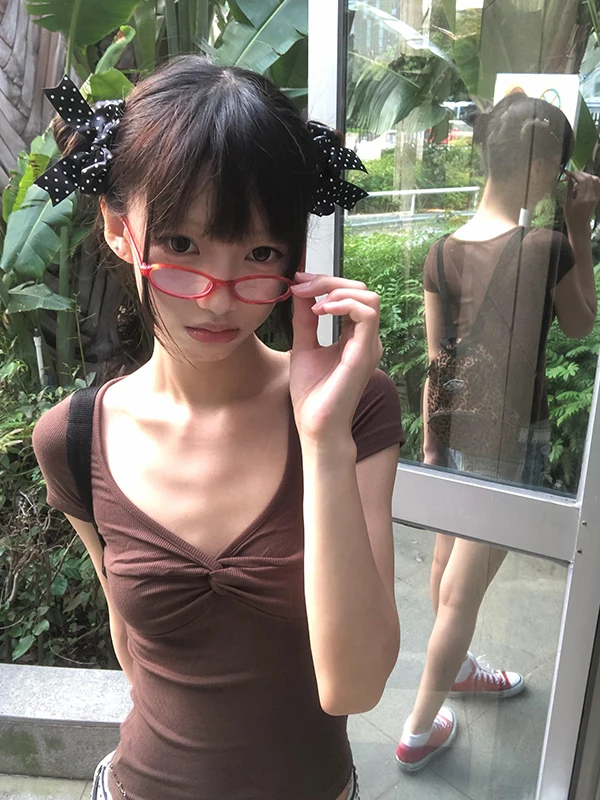 

American Style Short Sleeve V-Neck Knot Split Slim Fit Sweet And Spicy Top Women's Summer New Style Short T-Shirt Girl's Fashion