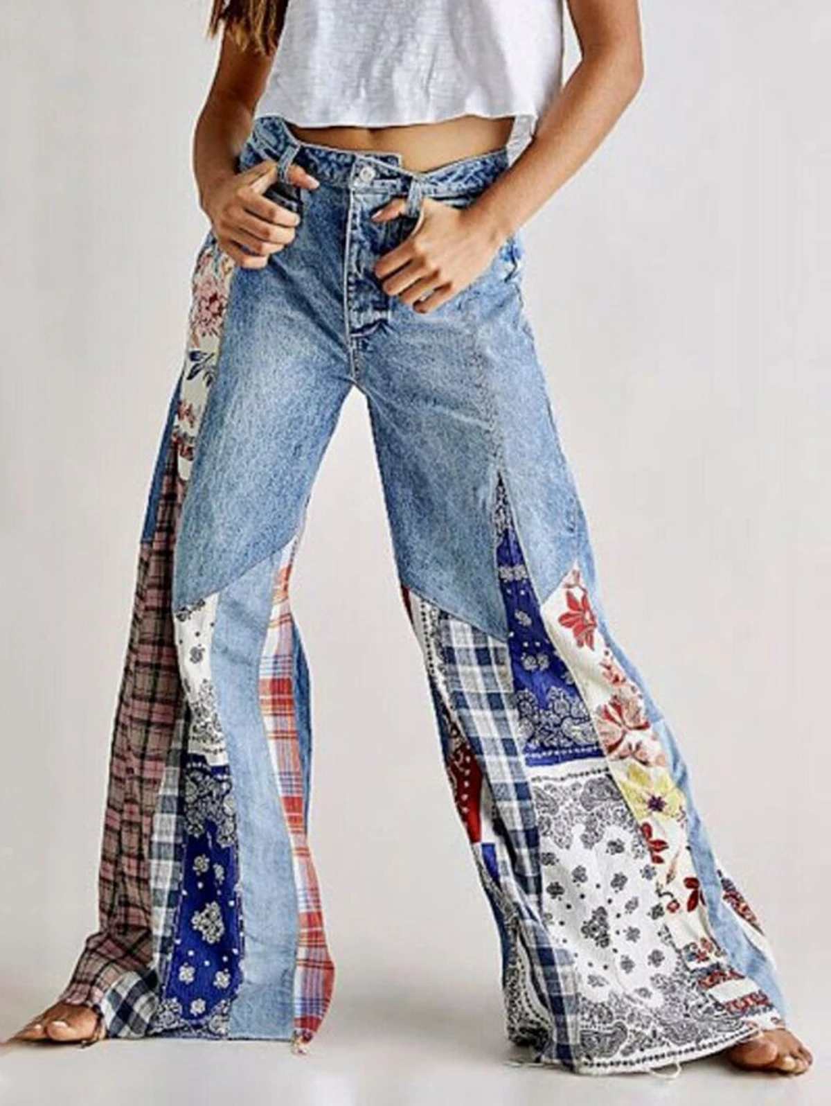 Women's Printing Patchwork Wide Leg Jeans High Waist Pockets Y2K Streetwear Vintage Denim Trousers Casual Loose Fashion Jeans