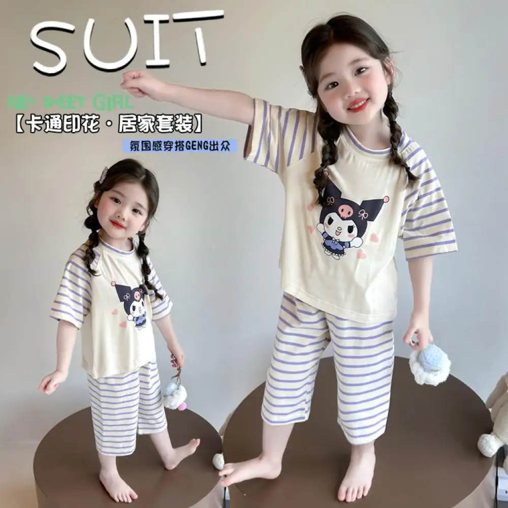 

Sanrio Kuromi Girls Pajamas Set Summer Child Cartoon Loungewear Printing Cotton Air Conditioning Suit Baby Homewear Sleepwear