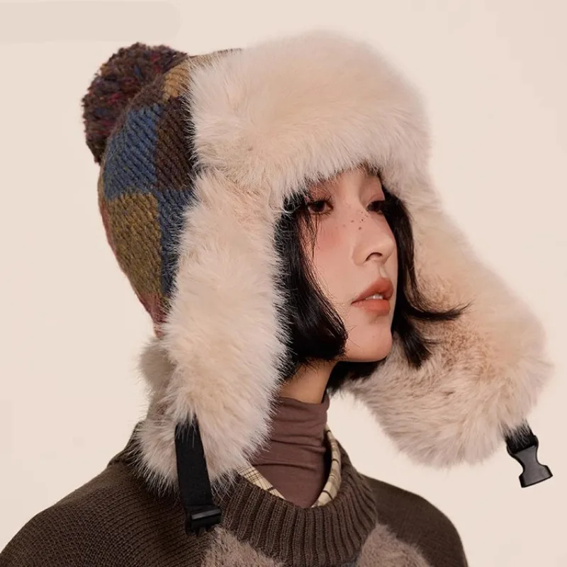 Winter Plush Plush Plaid Ear Protector Lei Feng Hat Trendy Men's and Women's Outdoor Riding Windproof and Warm Russian Cap