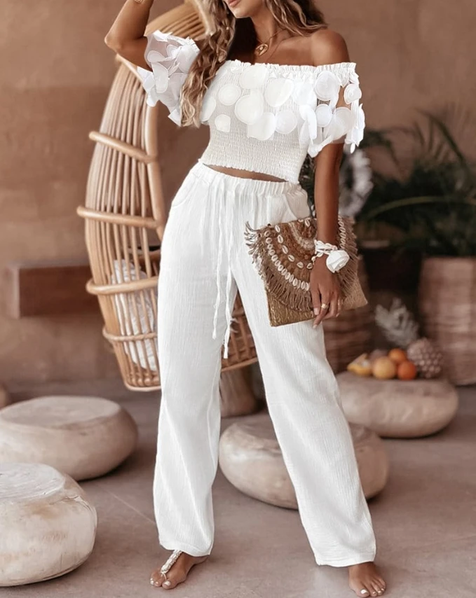 Women's Two Piece Casual Vacation Frill Hem Off the Shoulder Shirred Sheer Mesh Patch Short Sleeve Top and Drawstring Pants Set