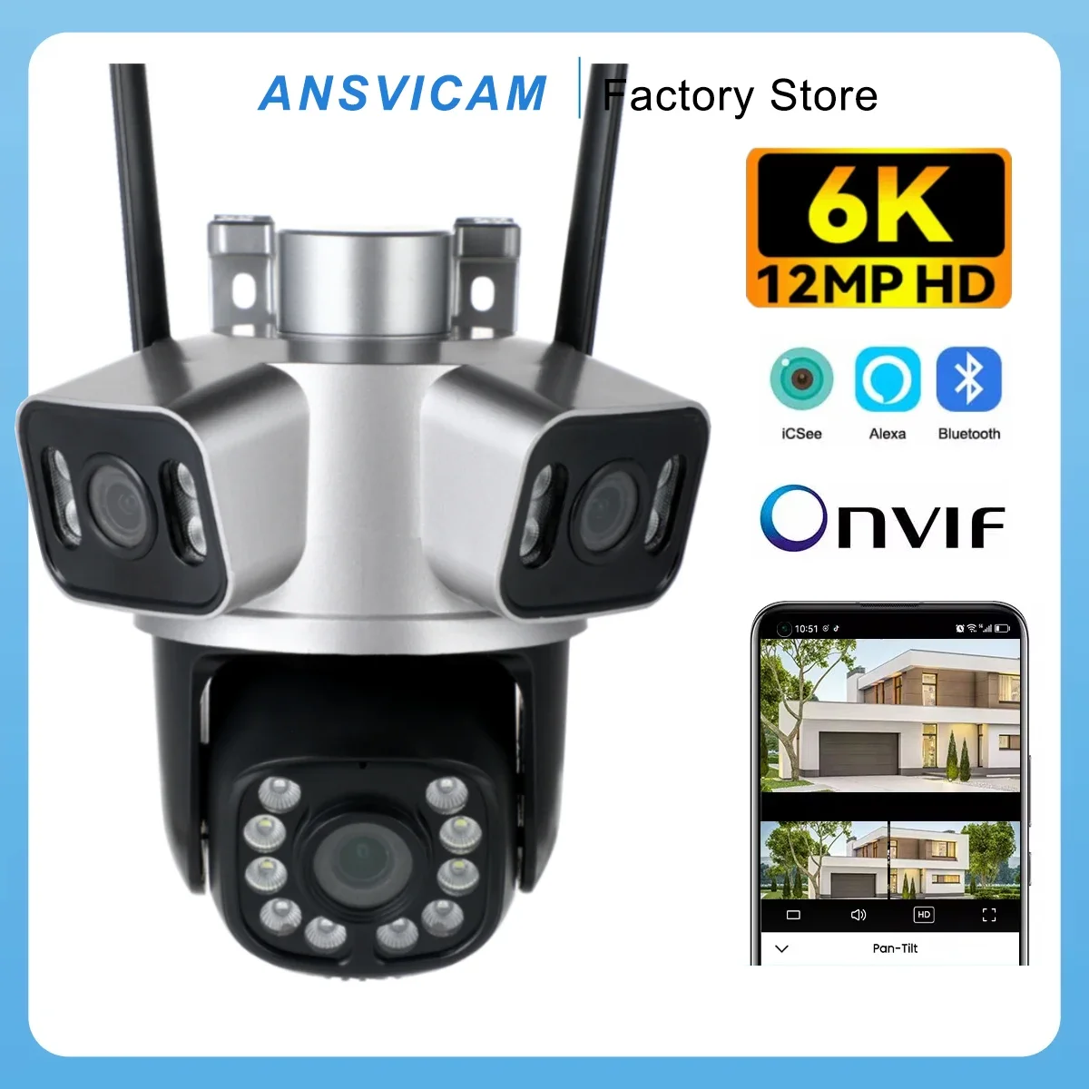 ANSVICAM 6K 12MP 3 Lens WiFi Outdoor Camera Ai Motion Tracking  Zoom PTZ 4K Video Camera Security surveillance Camera ICSEE