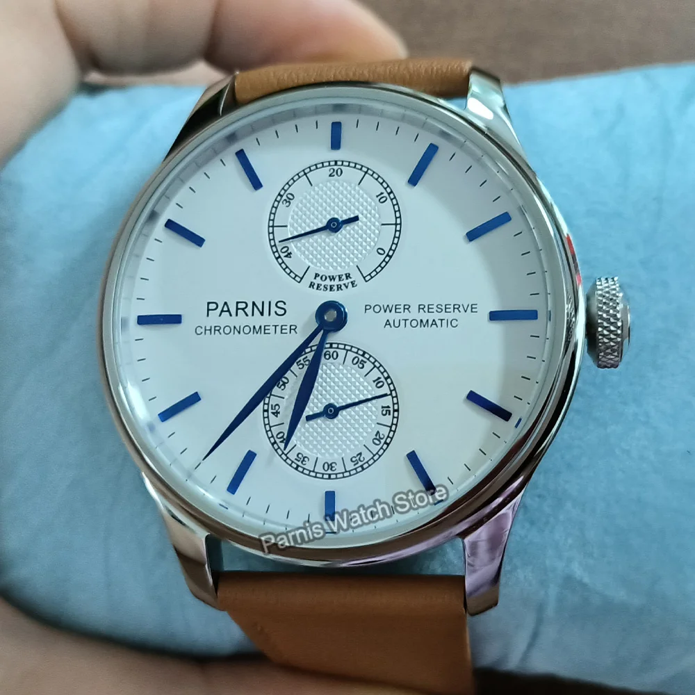 Parnis 42.5mm Power Reserve White Dial Automatic ST2542 Movement Men's Wristwatch