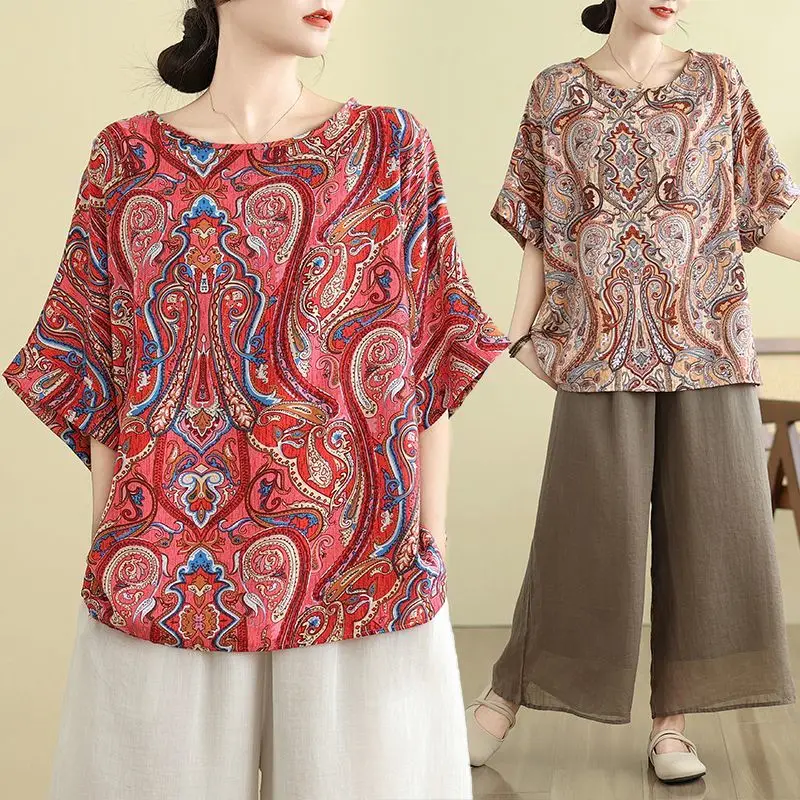 Ethnic Women's Clothing Korean Summer New Item Retro Loose Casual Printed Short Sleeved Elegant T-shirt Casual Top