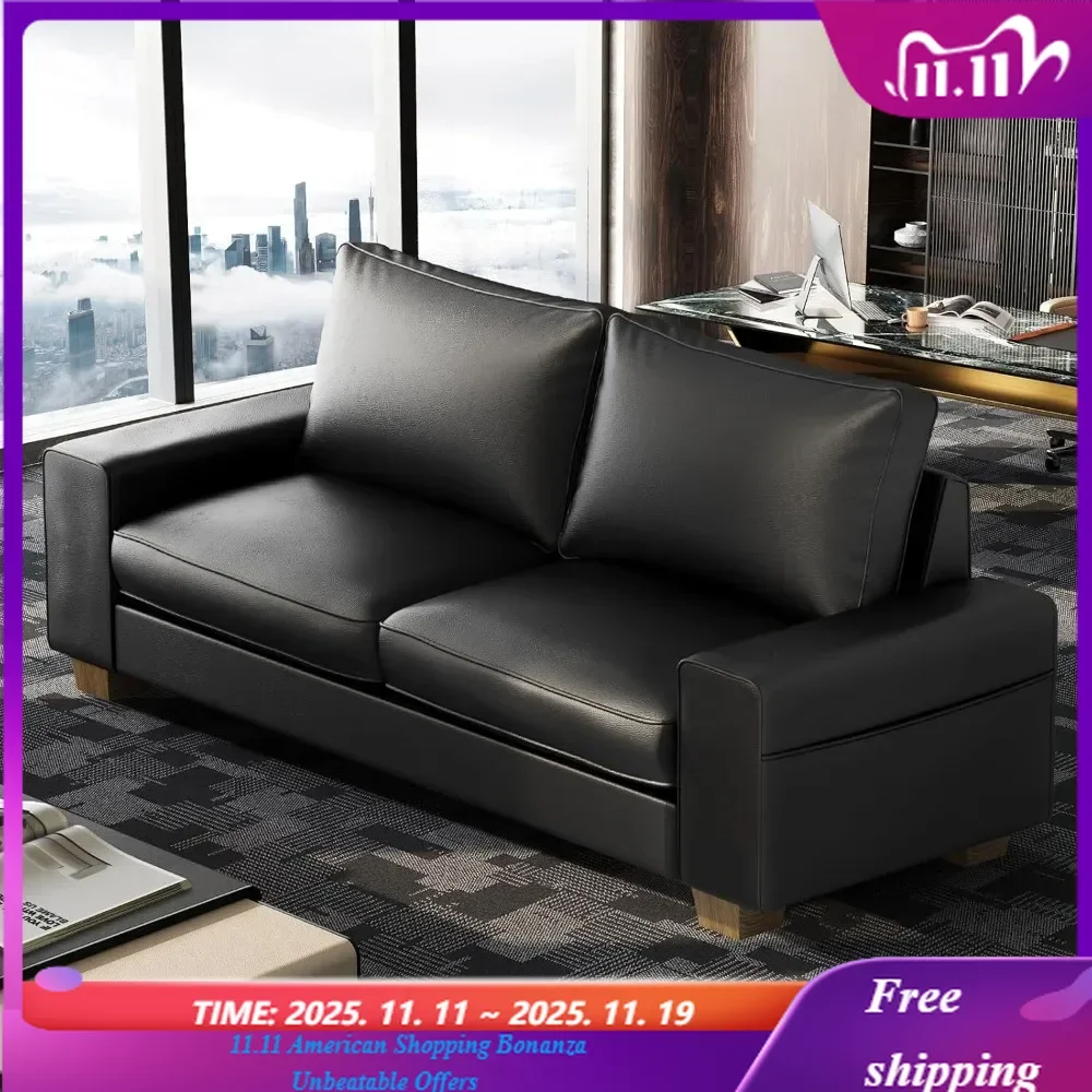 2-местное двухместное сиденье середины века из искусственной кожи с широкими подлокотниками и боковыми карманами, каркас из цельного дерева для гостиной, спальни, многокомнатная U