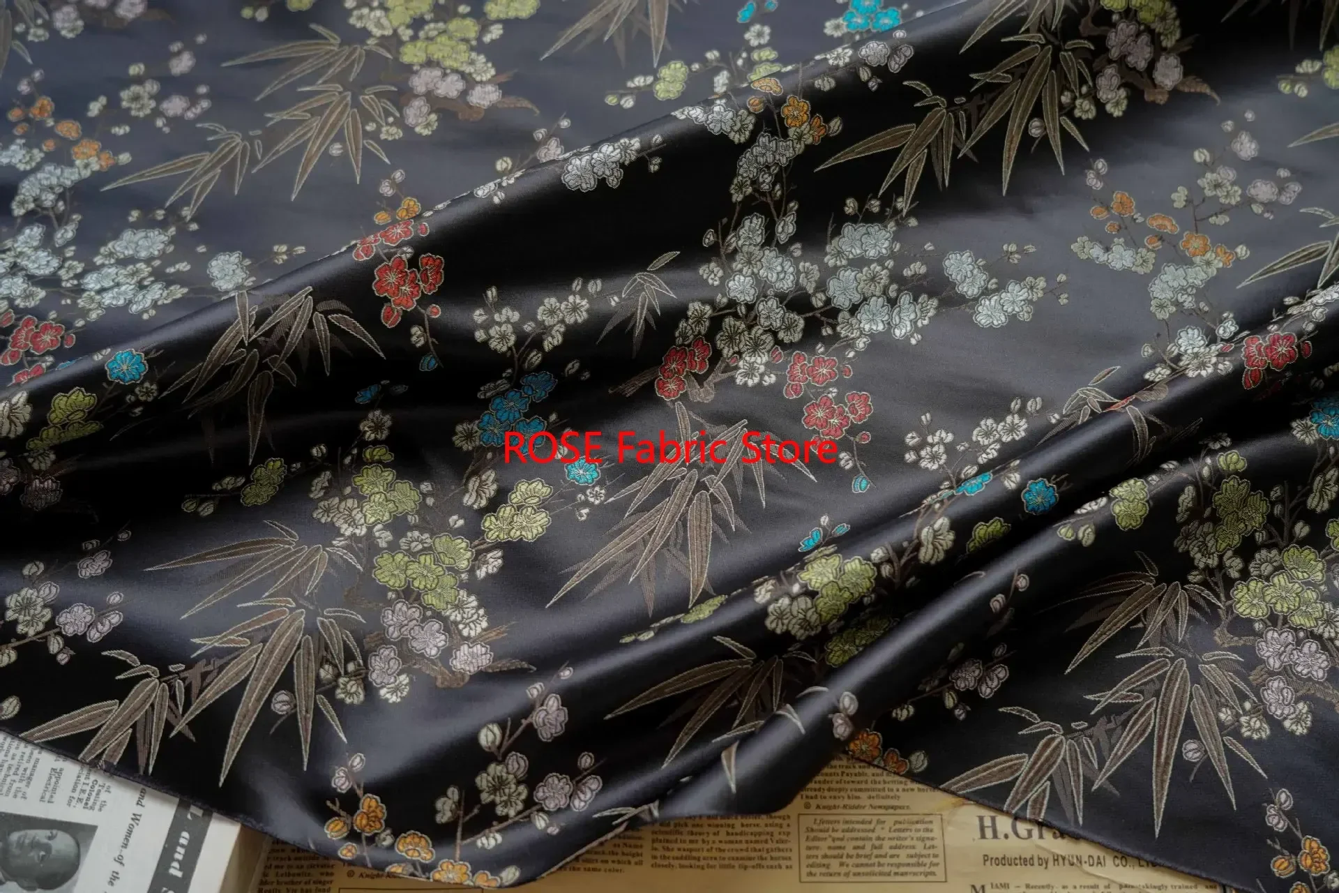 Tessuto jacquard in broccato di raso con foglie di bambù, abito retrò, borsa, tessuto da cucito decorativo