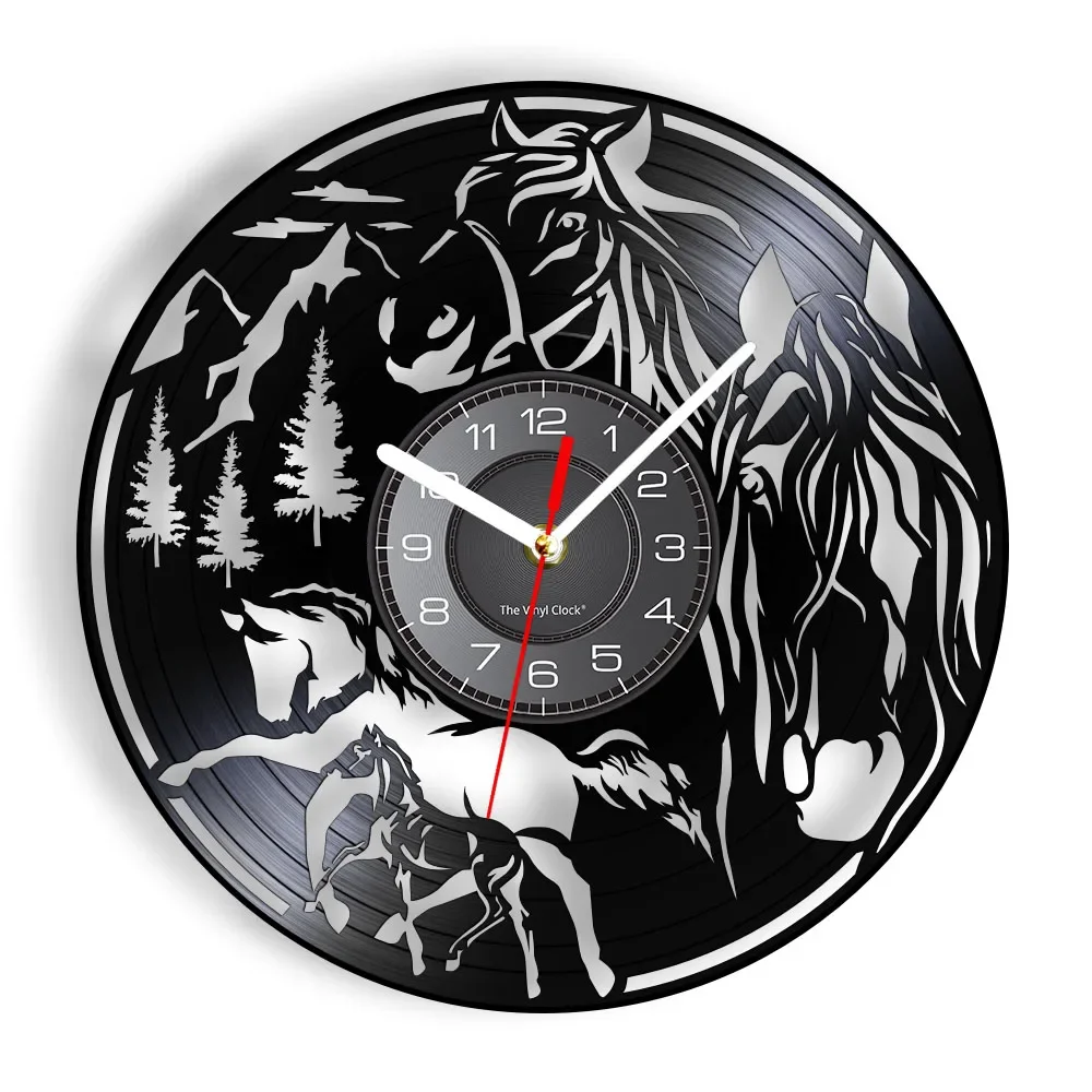 Wild Horse Vinyl Record Wall Clock Laser Carving Vinyl Horse Art Equestrian Riding Enthusiasts Home Decor Silent Quartz Clock