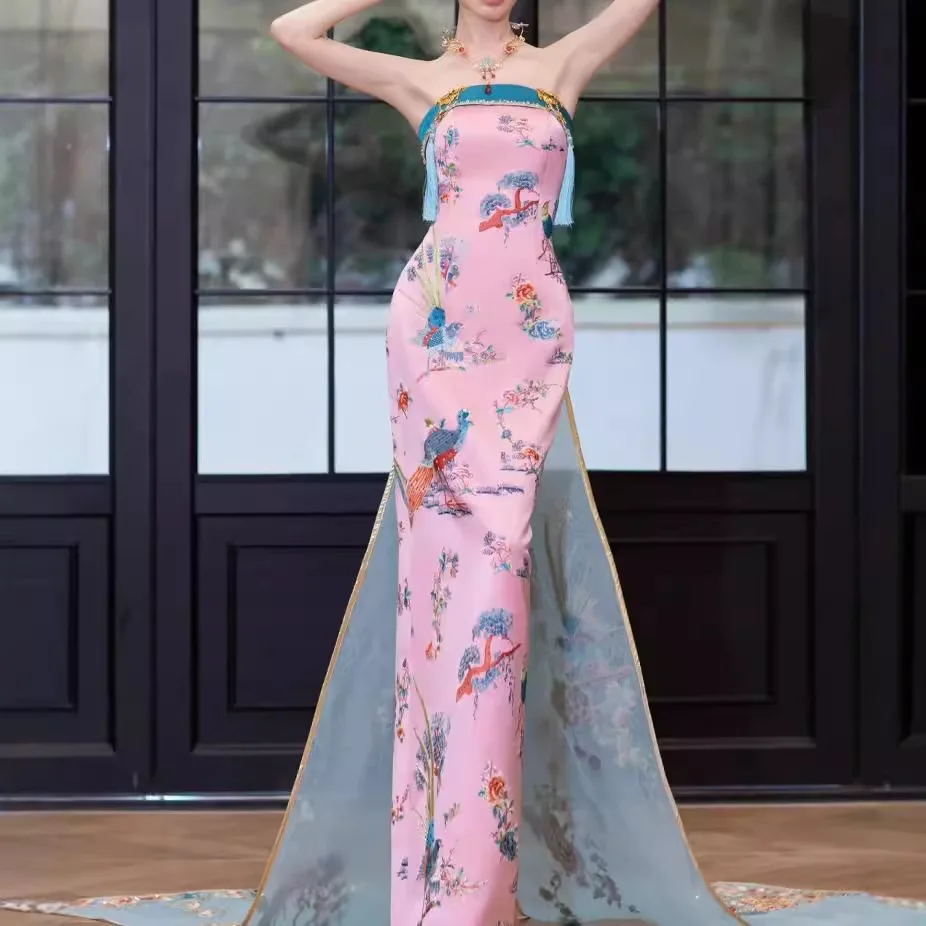 Pink Host Tube Top Chinese Improved Toast Dress Starry Sky Embroidery Super Retro Beaded Fishtail Trailing Evening Dress