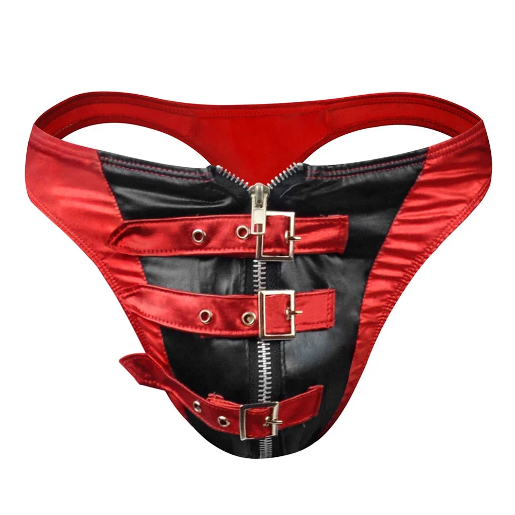 Sexy Men\'s Lingerie Synthetic Leather Buckle Patchwork Bulge Pouch Briefs Open Thongs Underwear Underpants Briefs Panties