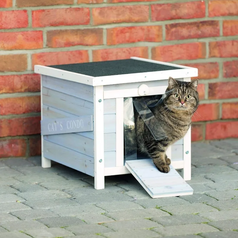 Outdoor Cat House, Weatherproof Cat House with Raised Floor, Hinged Asphalt Roof