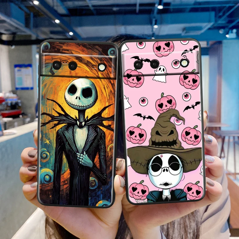 Disney Jack Skellington Anime For Google Pixel 9 8 7A 7 6A 6 5A 5 4 4A XL 5G Black Silicon Shockproof Shell TPU Phone Case