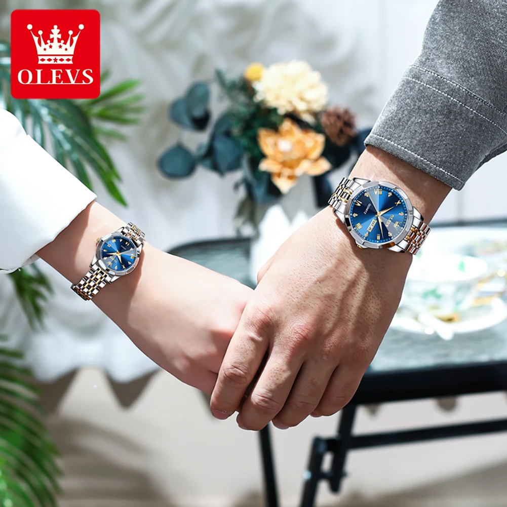 OLEVS-relojes de pareja para amantes, reloj de pulsera de cuarzo de lujo, resistente al agua, informal, a la moda, amor para pareja