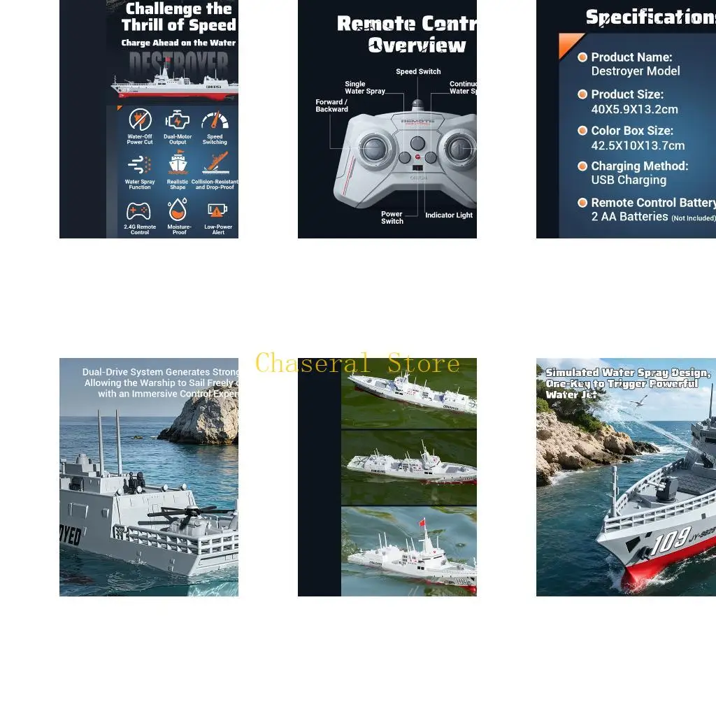 E7CE 2.4 GHz Remote Control Boat Toy with Water Action Feature, Twin Drive Power and Warship Model Design for Outdoor Pond and