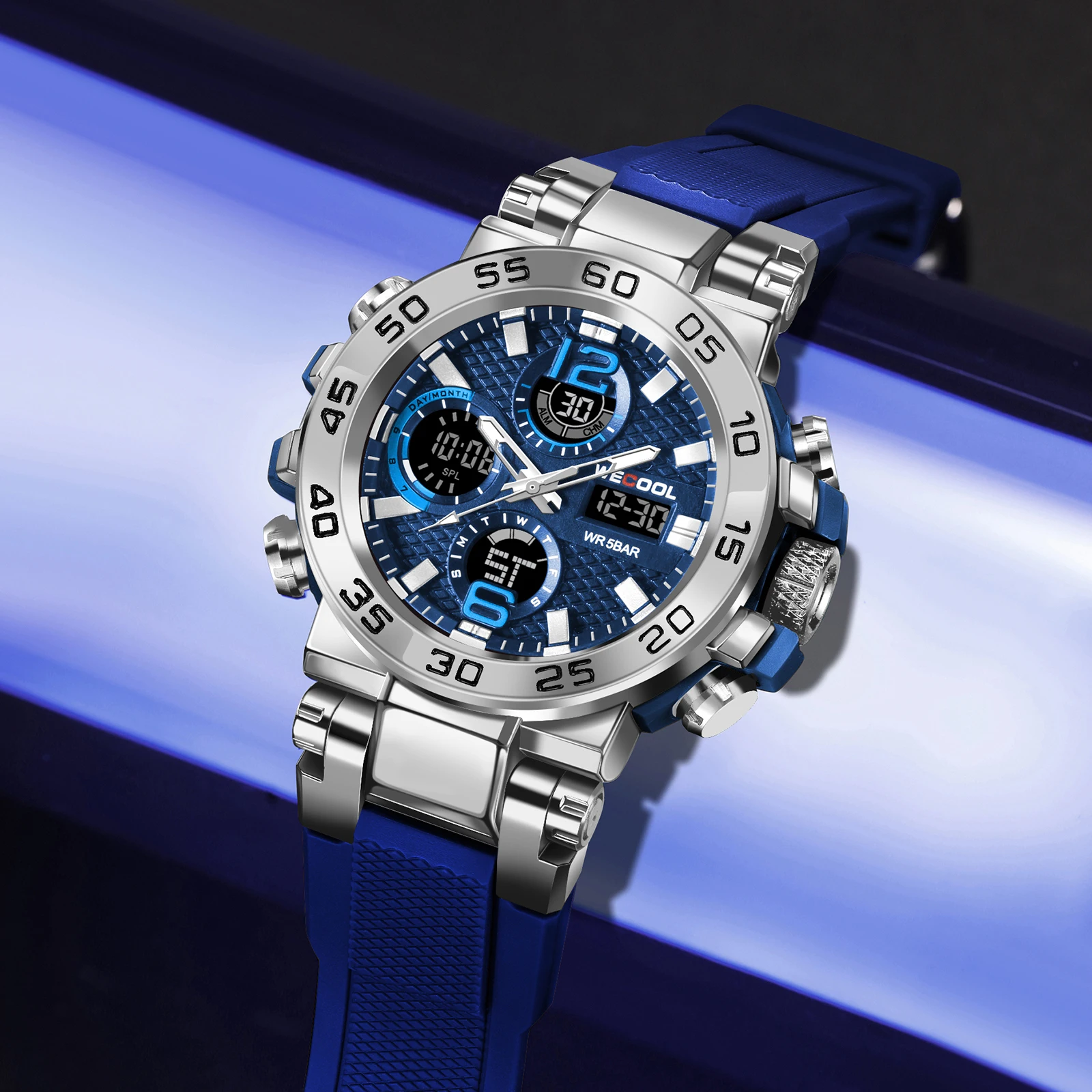 WECOOL العلامة التجارية المزدوجة العرض الرقمي W-822 50M للماء المنبه ساعة مضيئة للرجل