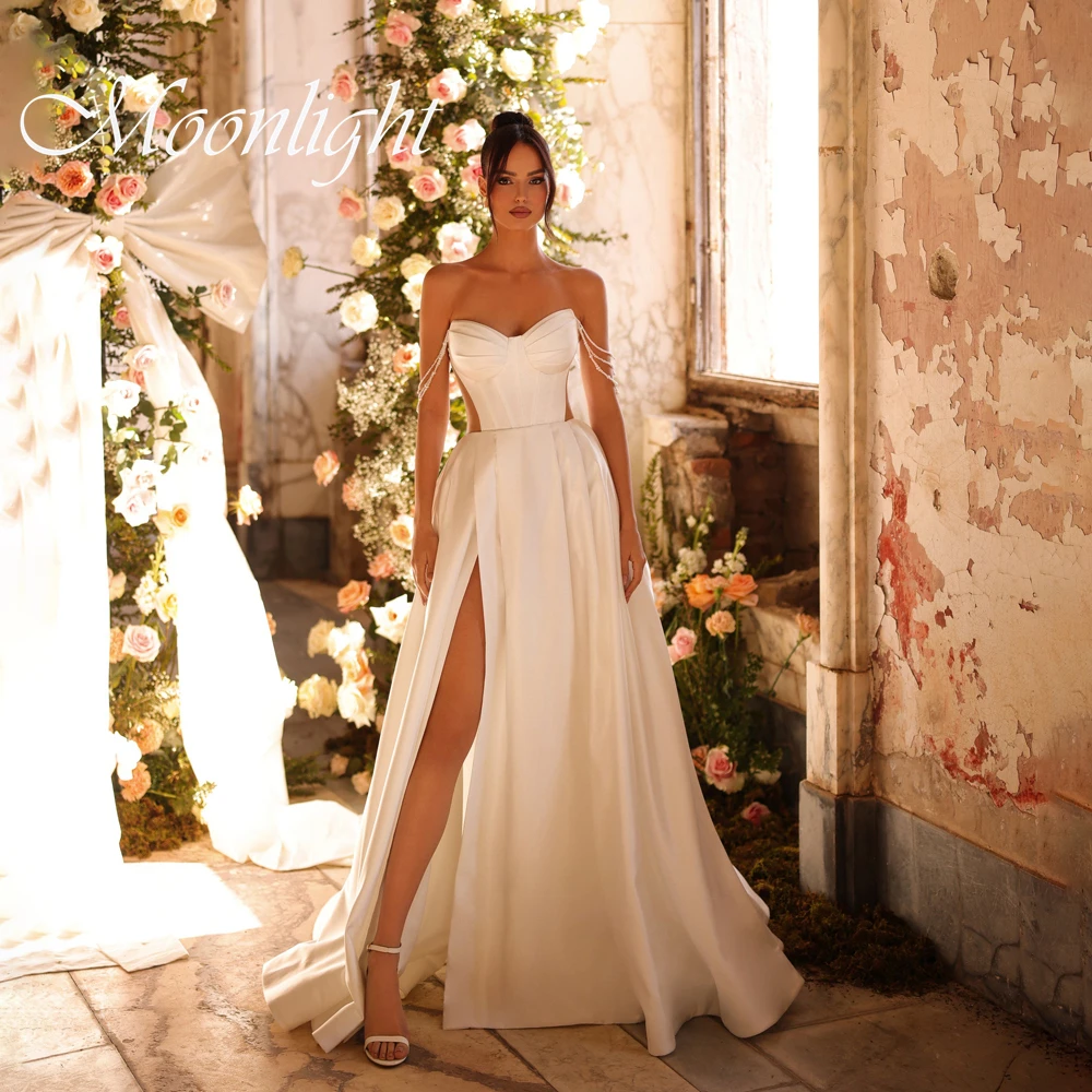 

Elegant Strapless Beading Off The Shoulder A-Line Wedding Dress Pleat Satin High Split Open Back Vestidos De Novia Customized