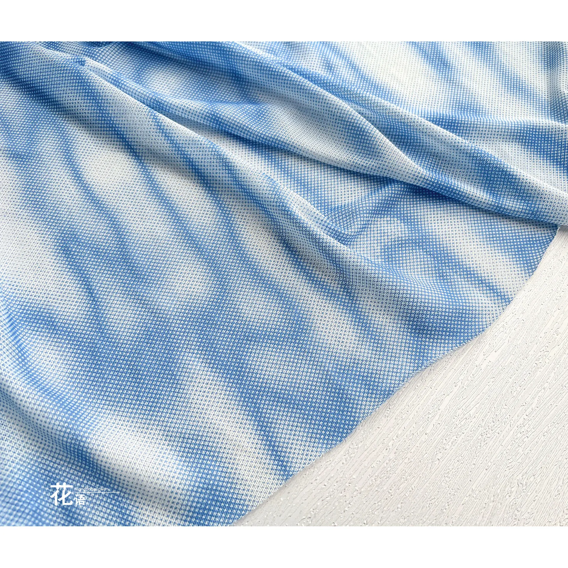 Blue Ombre Polka Dot Stretch Mesh Designer Fabric Sheer Printed Textile for Dresses, Custom Apparel and Textile Projects