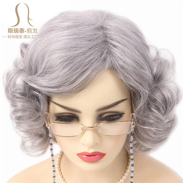 Silver Gray Wig Grandpa and Grandma Wig Set, Oldladywigkit Stage Play Performance