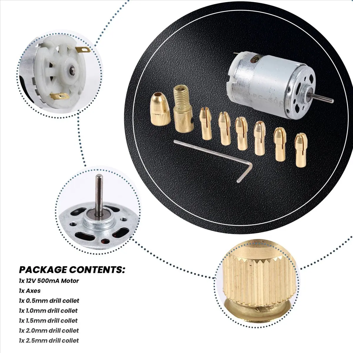 1Pc Dc 12V 500Ma Mirco Motor With 6Pcs 0.5-3.2Mm Drill Collet Electric Pcb Tool Set-A20R