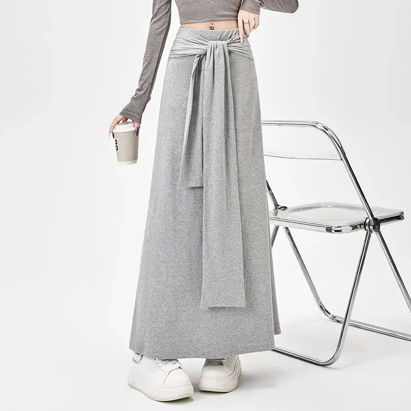 Women's Gray High Waist Wide Leg Culottes Front Tie Belt Loose Casual Long Pants Daily Streetwear Skirts