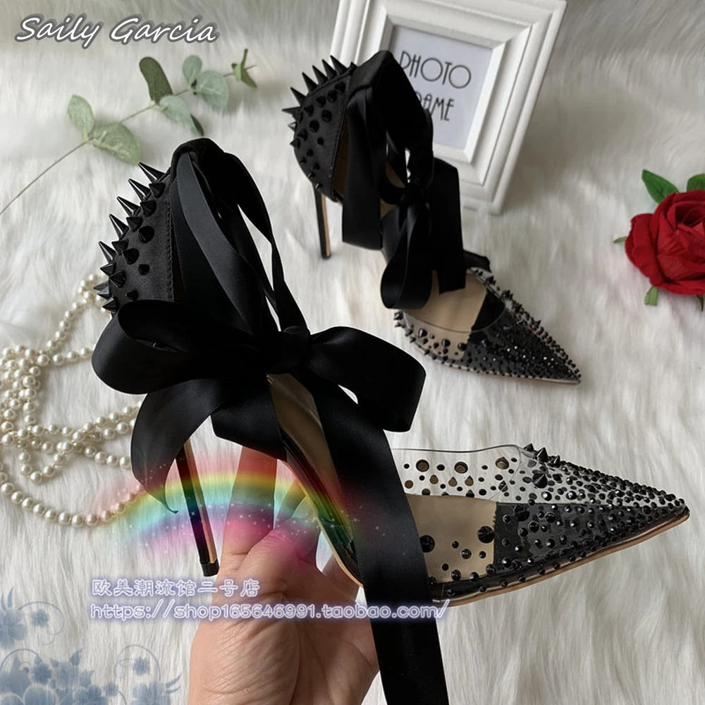 

Sequined Cloth Bling Rivet Lace Up Stiletto High Heels 2024 Spring New Fashion Shallow Pumps Large Size Luxury Party Sandals