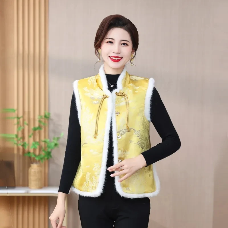 2024 Chinese Style Autumn Winter New Vest Women's Fashion Buckle Stand Up Collar Versatile Temperament With Cotton Waistcoat Top