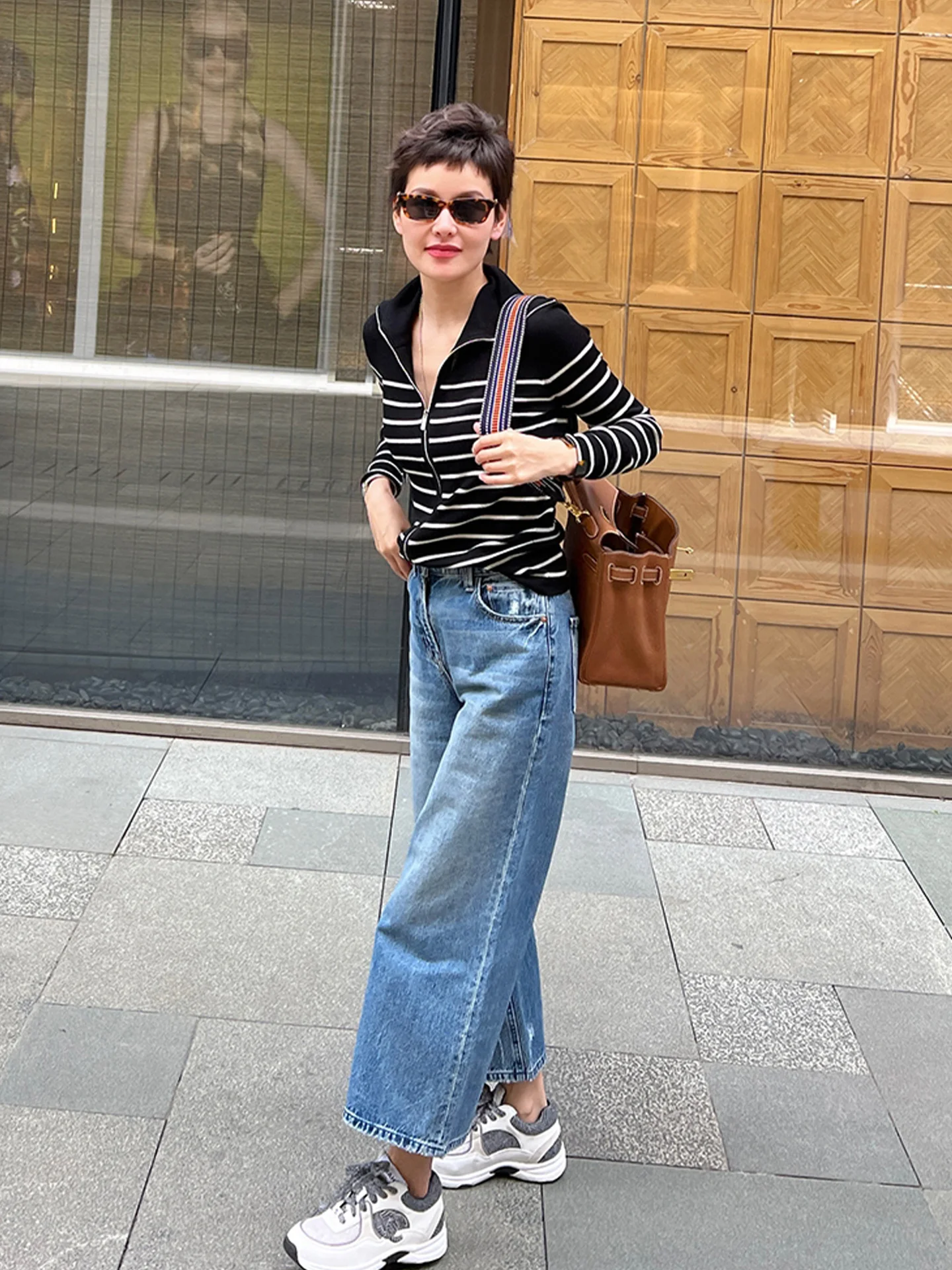 سستة تخفيف طويلة Sve سترة مشغولة من الصوف اللون بلو مخطط قاعدة irt عادية الكورية Sle المرأة Faion الخريف الأعلى