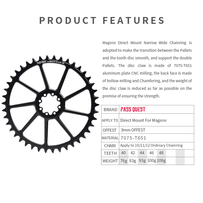 PASS QUEST Bicycle Chainring 8-Bolt Direct Mount Narrow Wide Chainwheel 40/42/44/46/48T 3mm Offset for Magene Dynamometer Crank