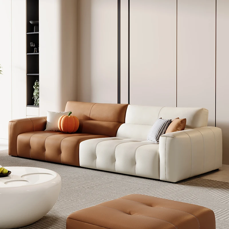 Modern cream style leather sofa Italian minimalist Nordic straight row sofa