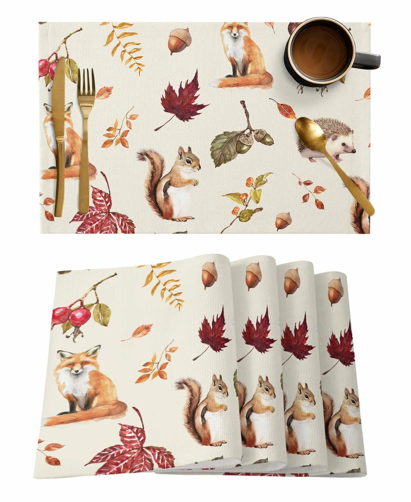 Thanksgiving Autumn Plants Squirrel Fox Hedgehog Table Runners for Dining Room Home Tablecloth 4/6 Pcs Placemats Table Cover