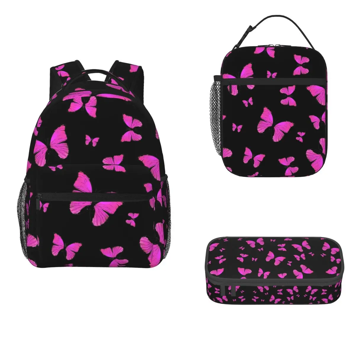 

Pink Butterflies Print Backpacks Boys Girls Bookbag Children School Bags Cartoon Kids Rucksack Lunch Bag Pen Bag Three-Piece Set