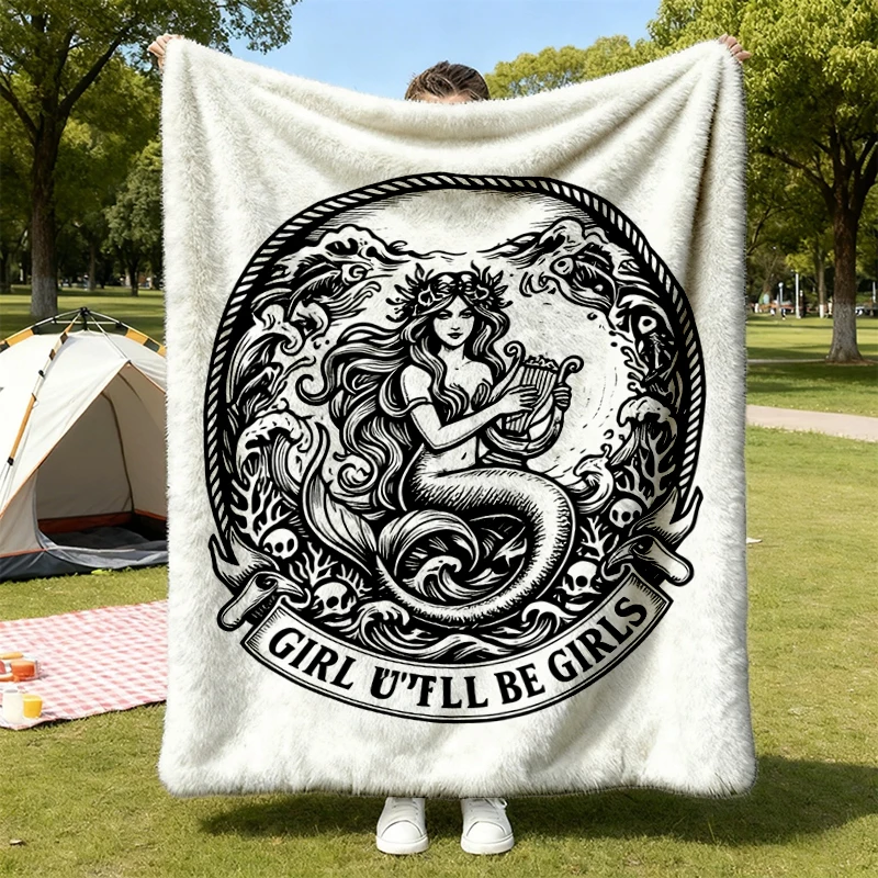 Vintage Mermaid Siren Flannel Blanket, Will Be Feminist Flannel Throw, Mythical Empowerment Cozy Blanket