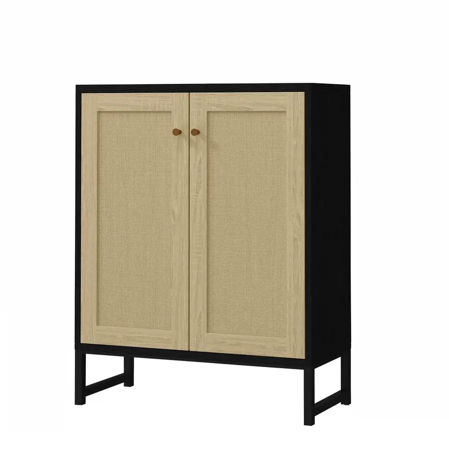 

Rattan Decorated 2 Doors Storage Cabinet Accent Cabinet Living Room Cupboard Kitchen Sideboard Buffet Table Black