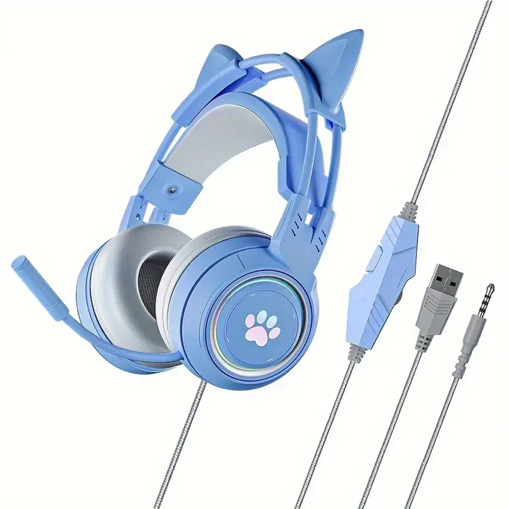 Gaming-Headset mit Katzenohren-Design, kabelgebundener Over-Ear-Kopfhörer mit abnehmbaren Katzenohren, RGB-Pfotenlicht, 50-mm-Surround-Sound-Treiber, geräuschunterdrückendem Mikrofon, hautfreundlichen
