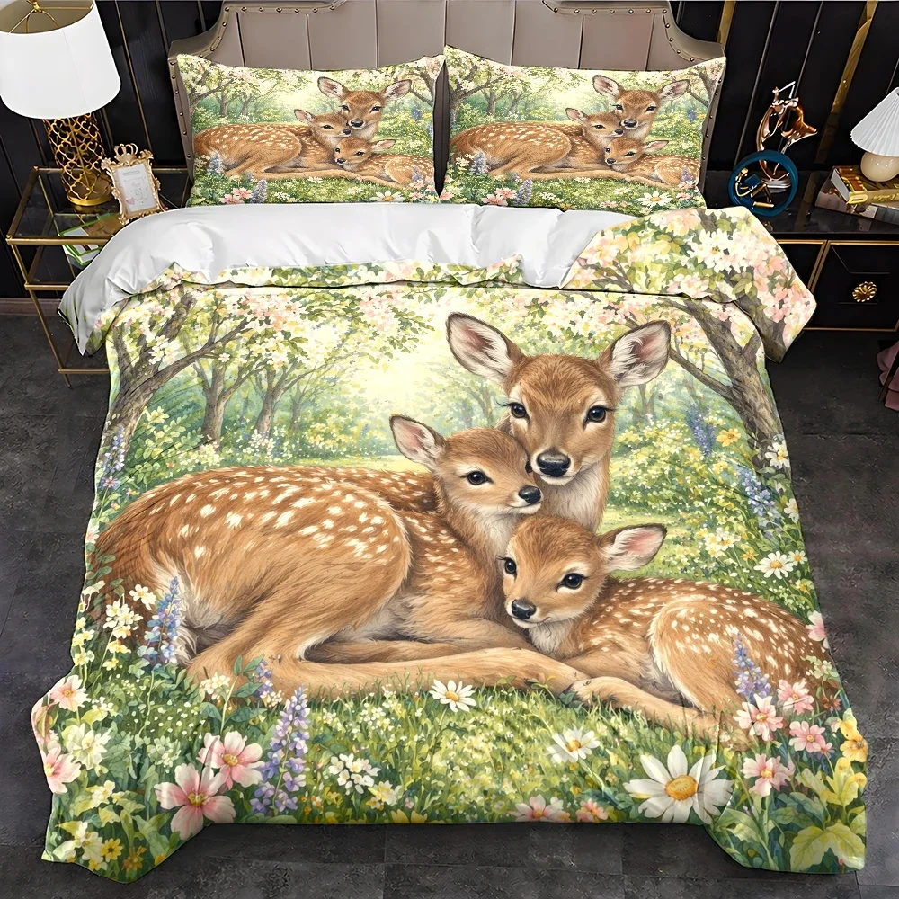 3Pc Forest Deer Print Duvet Cover Set, Three-Piece Bedding Set (1*Duvet Cover + 2*Pillowcases), Suitable for All Seasons, Machine Washable, Hidden Zipper Design, Large Double Bed Cover, Suitable for Home, Dormitory, Master Bedroom, Guest Room, Fresh and Natural Style Bedding Set, Soft and Skin-Friendly Bedding, Cross-Border Bestseller Bedroom Bedding Set, Cozy and Healing Deer Bedding, Easy-Care Home Bedding Three-Piece Set