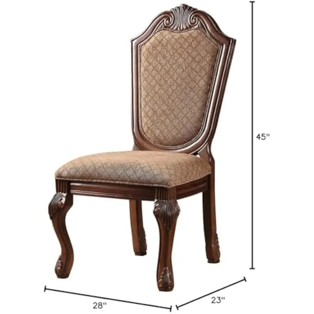 Dining Chair Set of 2 with Welt-Trim Grid Pattern Arched Backrest, Raised Floral Motifs, Traditional Fabric Dining Chair