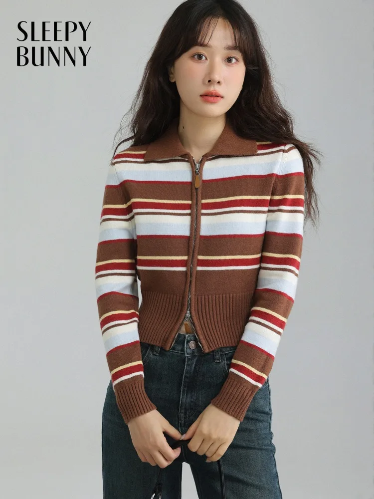 

Женский полосатый тонкий укороченный свитер, трикотажный кардиган с двойной молнией, осень-зима, мягкая верхняя одежда с воротником контрастного цвета