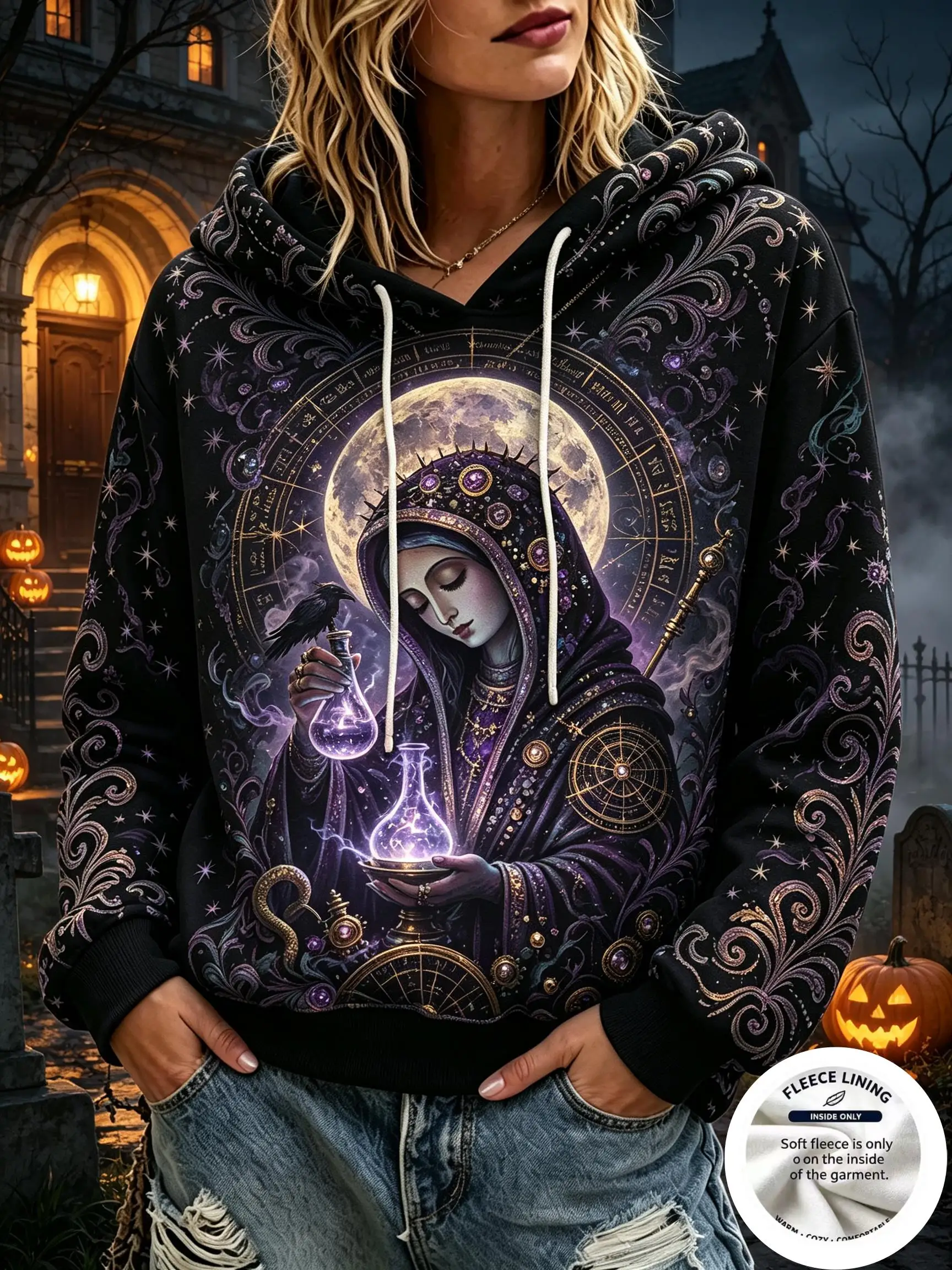 Women Fleece Hoodie Halloween Mystic Witch Moon Magic Print Long Sleeve Pullover