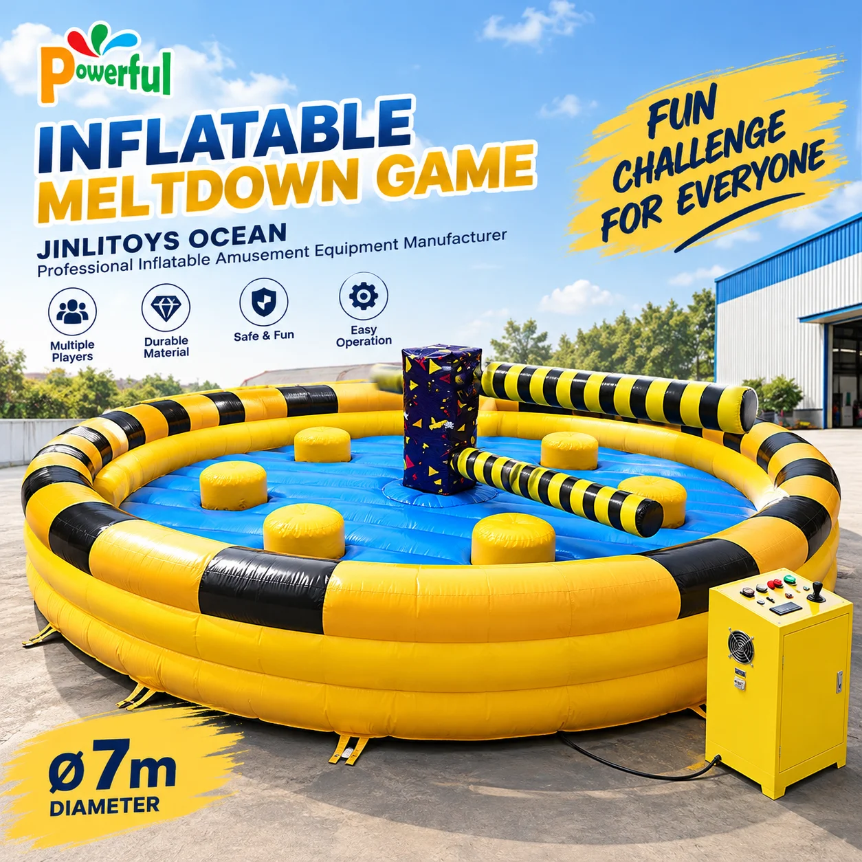 Inflatable safety enclosure with rotating sweeper: Interactive crowd-drawing attraction for trade shows and promotions