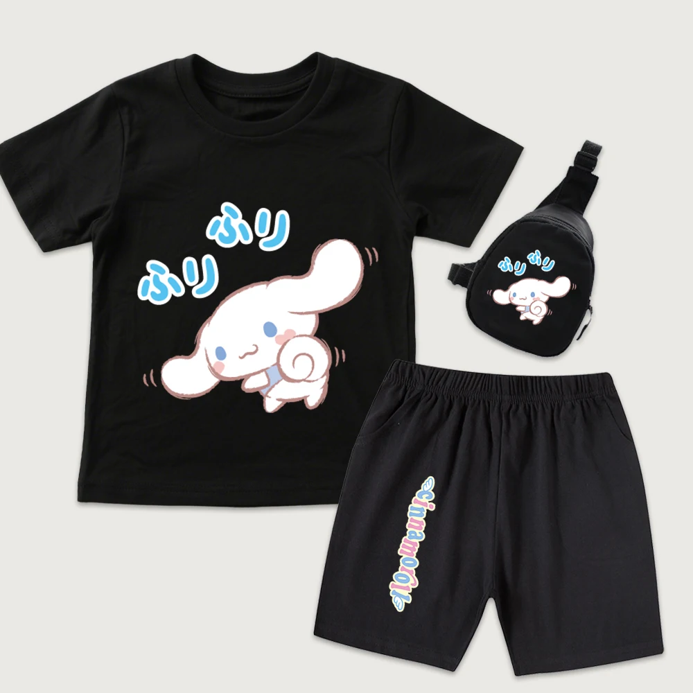 

Детская хлопковая футболка с принтом Cinnamoroll Bouncy Trot, шорты, мини-сумка на грудь, комплект из 3 предметов, повседневная летняя одежда для мальчиков и девочек