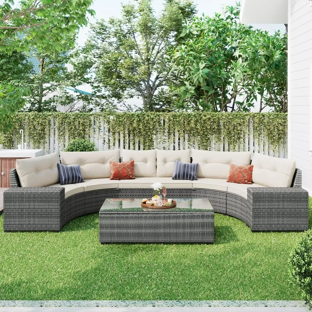 

8-pieces Outdoor Wicker Round Sofa Set, Half-Moon Sets All Weather, PE Rattan Water-resistant and UV Protected, Movable Cushion