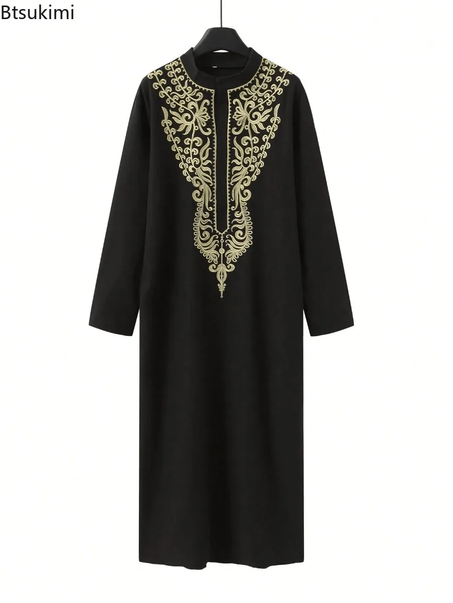 Pakaian Pria Muslim Timur Tengah, Busana Muslim Abaya Lengan Panjang Bersulam, Jubah Longgar Kerah Tegak, Gaya Etnik Jubba Thobe Pria